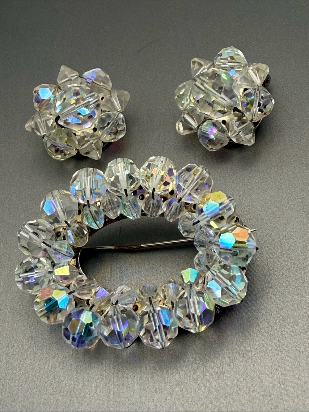 Crystal Aurora Borealis Bead Brooch and Clip-On Earrings Set - Clear